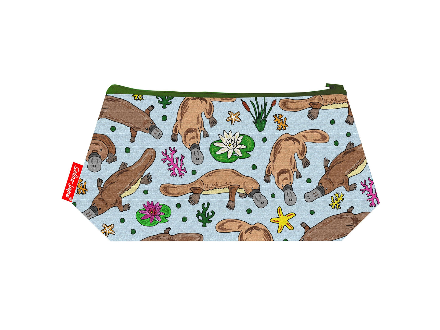 Duck Billed Platypus cosmetic bag with Australian wildlife illustration on durable polyester fabric with colour-coordinated zipper