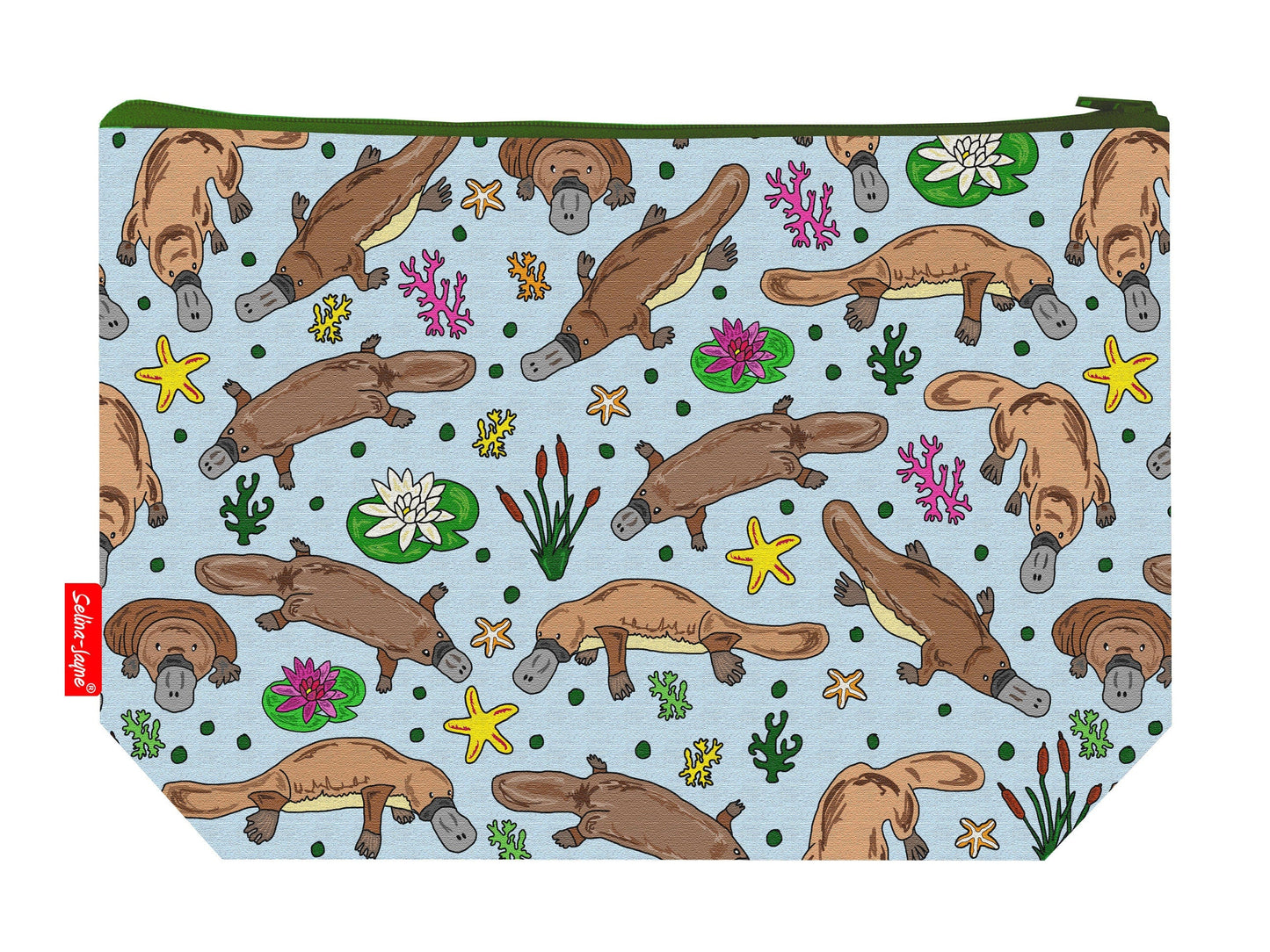 Duck billed platypus toiletry bag with Australian wildlife design showing washable lining and zip detail