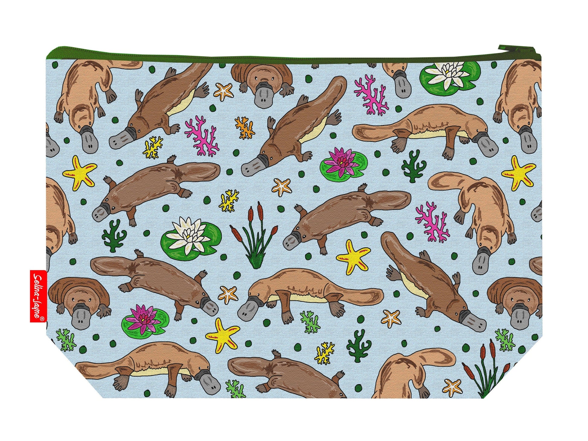 Duck billed platypus toiletry bag with Australian wildlife design showing washable lining and zip detail