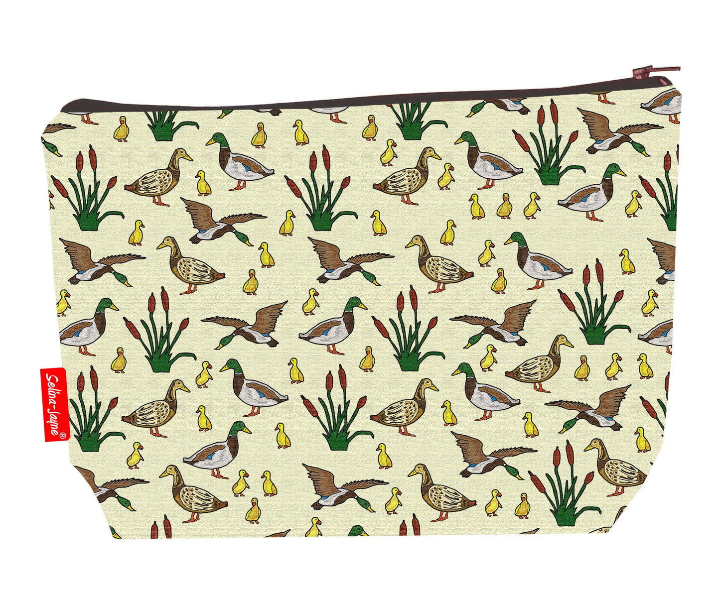 Ducks toiletry bag with bird design showing washable lining and zip detail