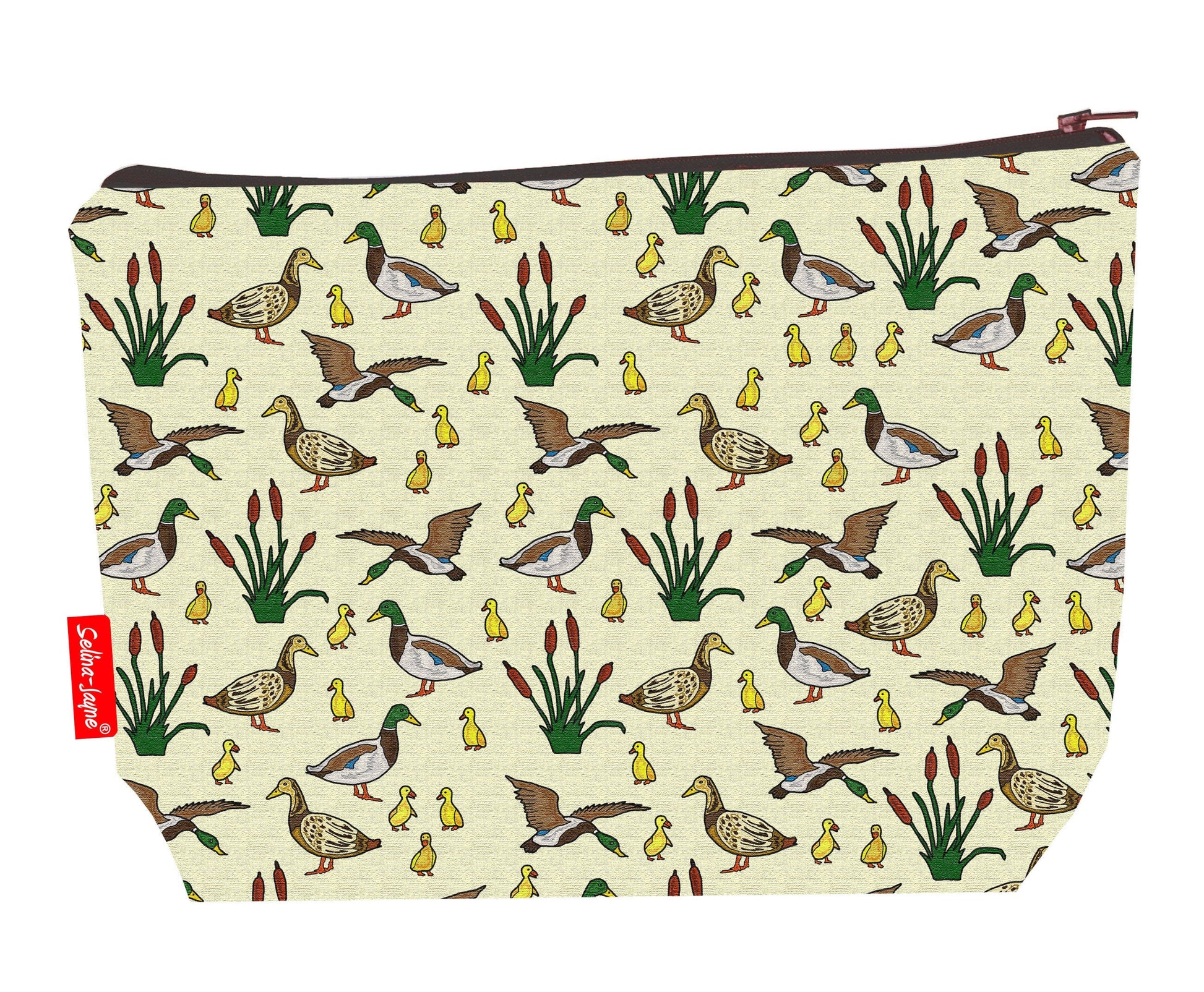 Ducks toiletry bag with bird design showing washable lining and zip detail