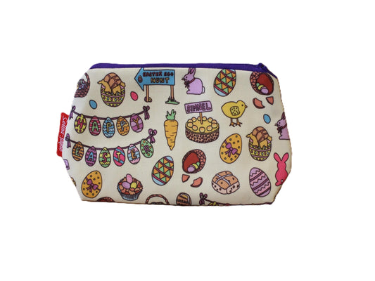 Easter cosmetic bag with festive seasonal illustration on durable polyester fabric with colour-coordinated zipper