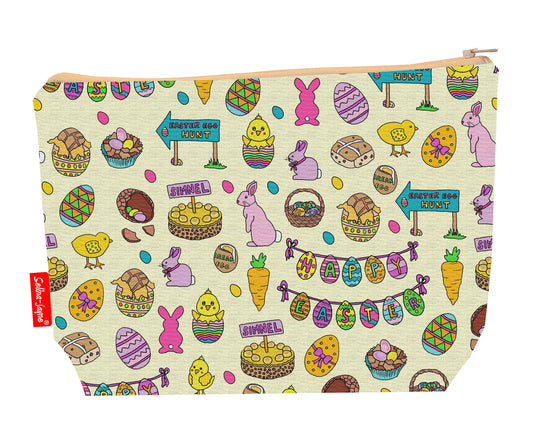 Easter toiletry bag with seasonal design showing washable lining and zip detail