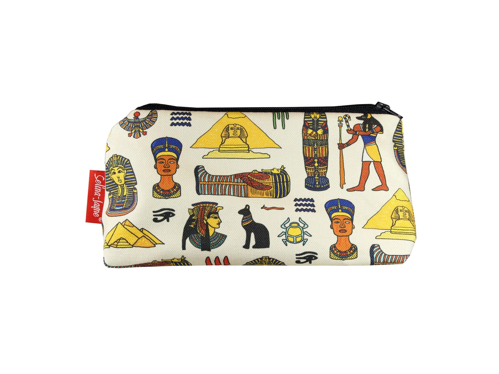 Egyptologist cosmetic bag with ancient Egypt archaeology illustration on durable polyester fabric with colour-coordinated zipper