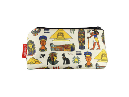 Egyptologist cosmetic bag with ancient Egypt archaeology illustration on durable polyester fabric with colour-coordinated zipper