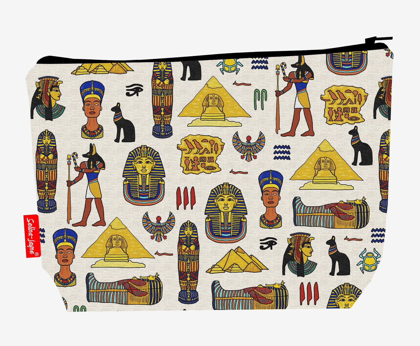 Egyptologist toiletry bag with Ancient Egyptian design showing washable lining and zip detail