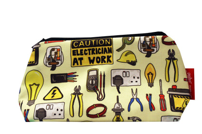 Electrician makeup bag featuring wipe-clean lining and colourfast HD print, perfect gift for electricians