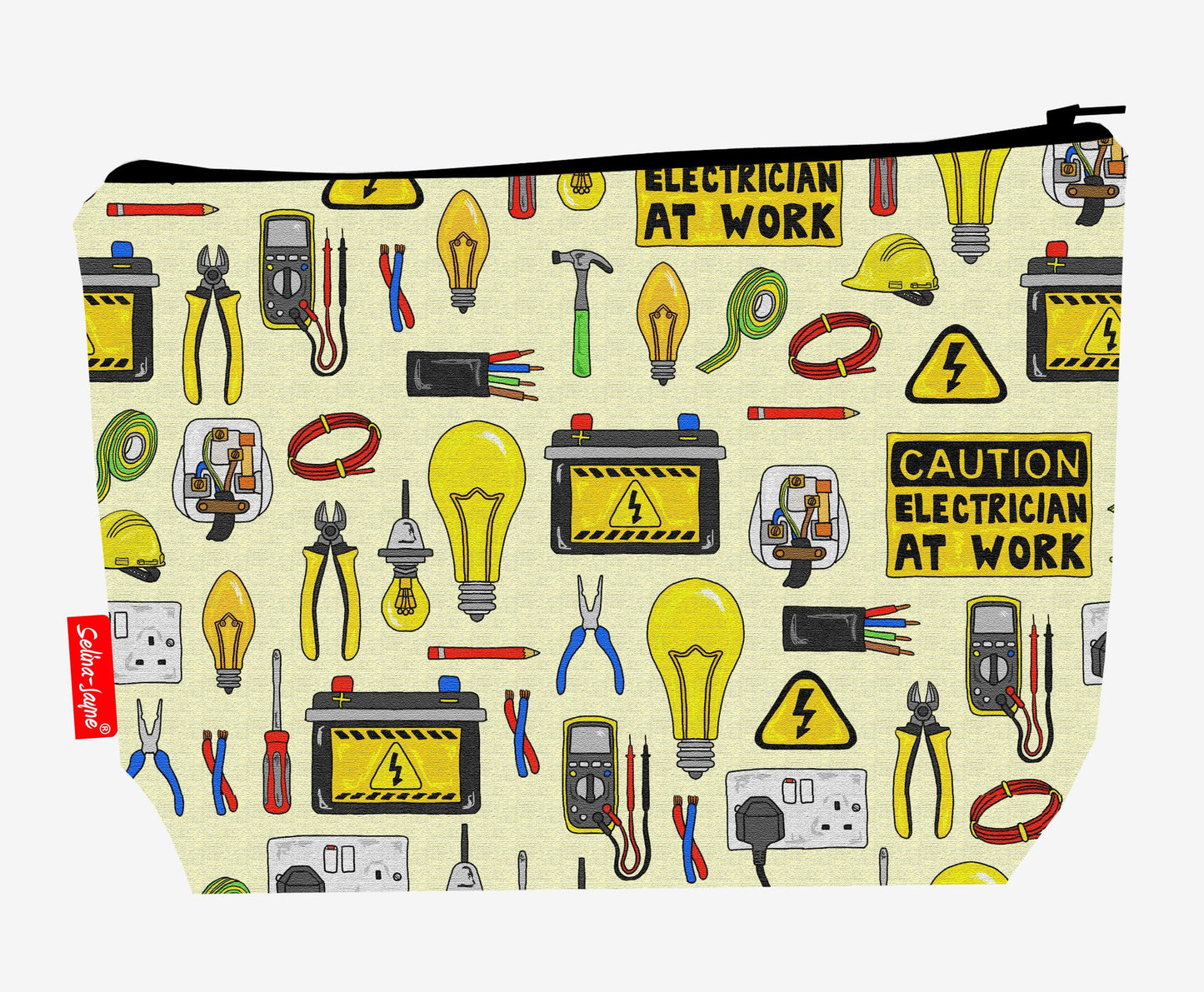 Electrician toiletry bag with electrical design showing washable lining and zip detail