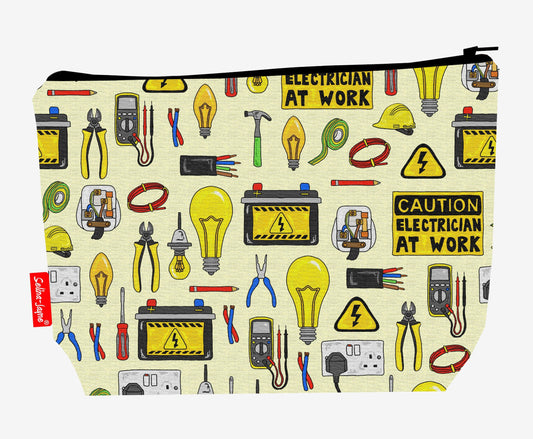Electrician toiletry bag with electrical design showing washable lining and zip detail