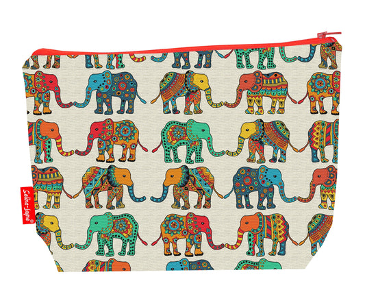Elephants toiletry bag with wildlife design showing washable lining and zip detail