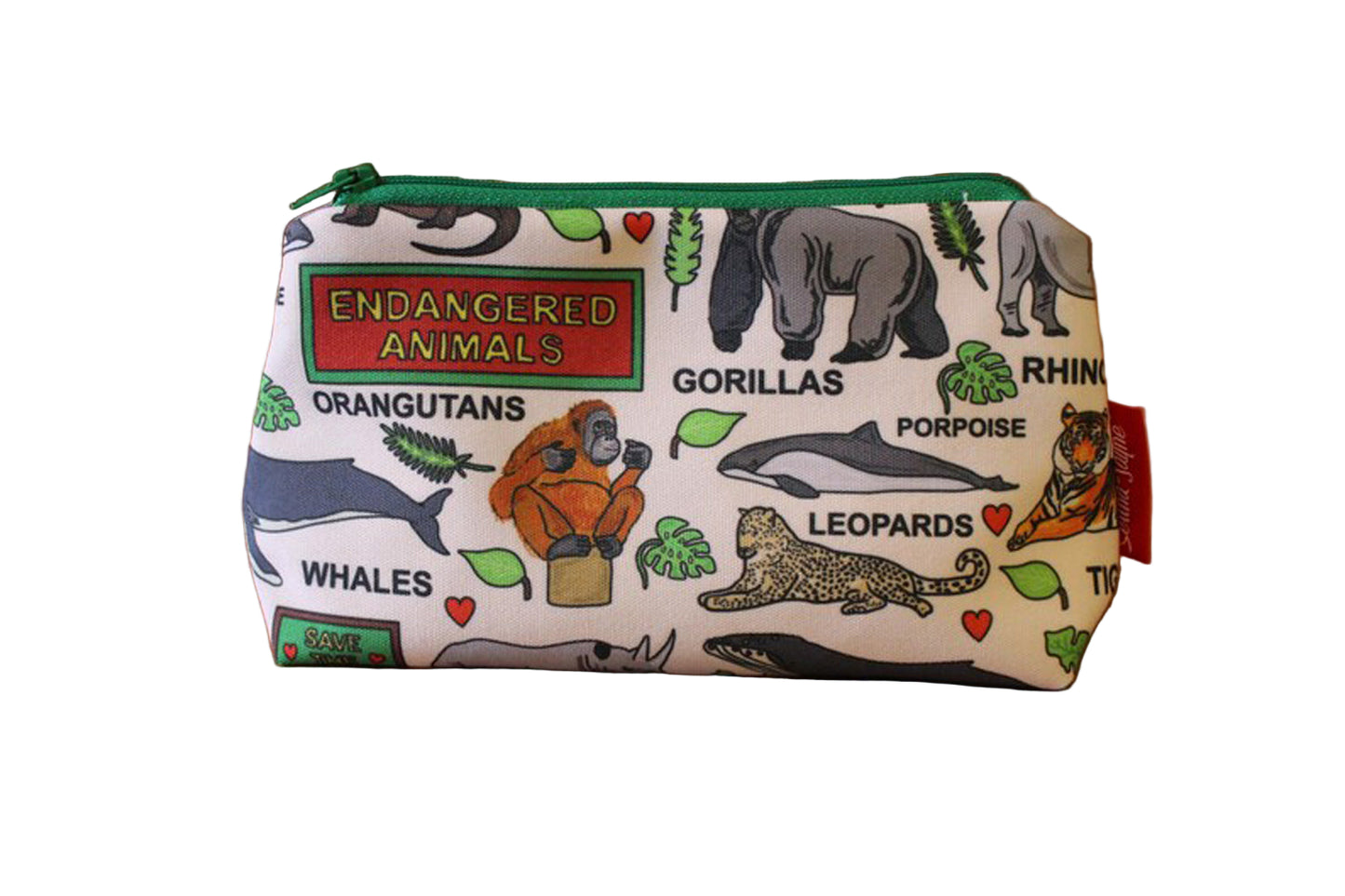 Premium Endangered Animals makeup bag featuring wipe-clean lining and colourfast HD print, perfect conservation gift