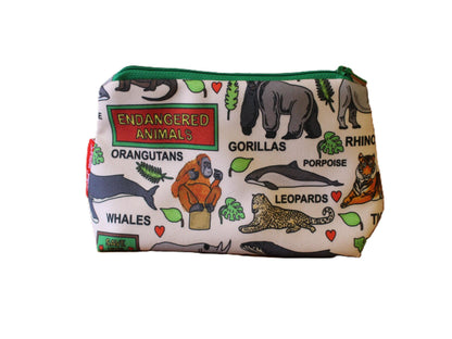 Endangered Animals cosmetic bag with wildlife conservation illustration on durable polyester fabric with colour-coordinated zipper