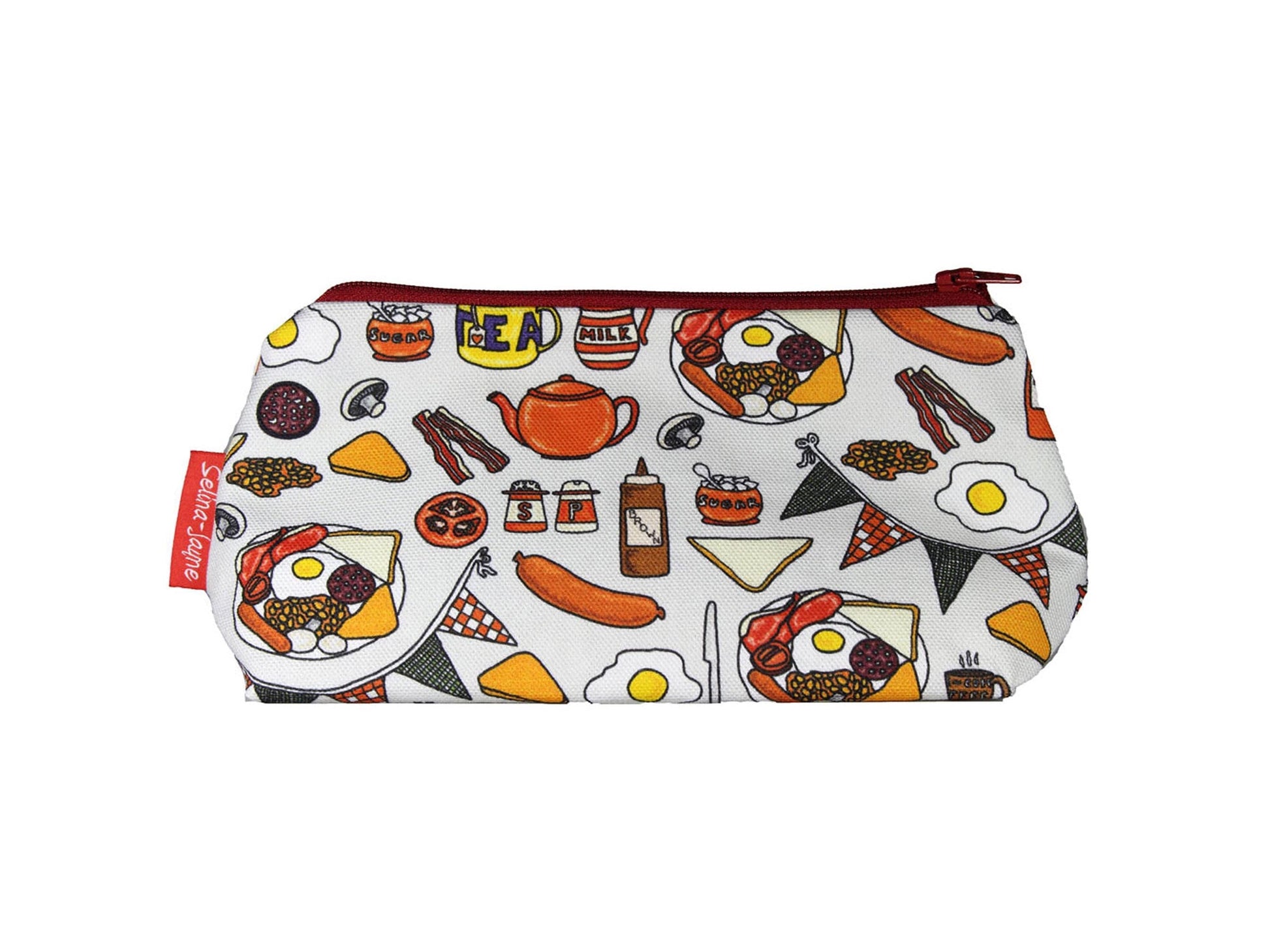 English Breakfast cosmetic bag with British food illustration on durable polyester fabric with colour-coordinated zipper