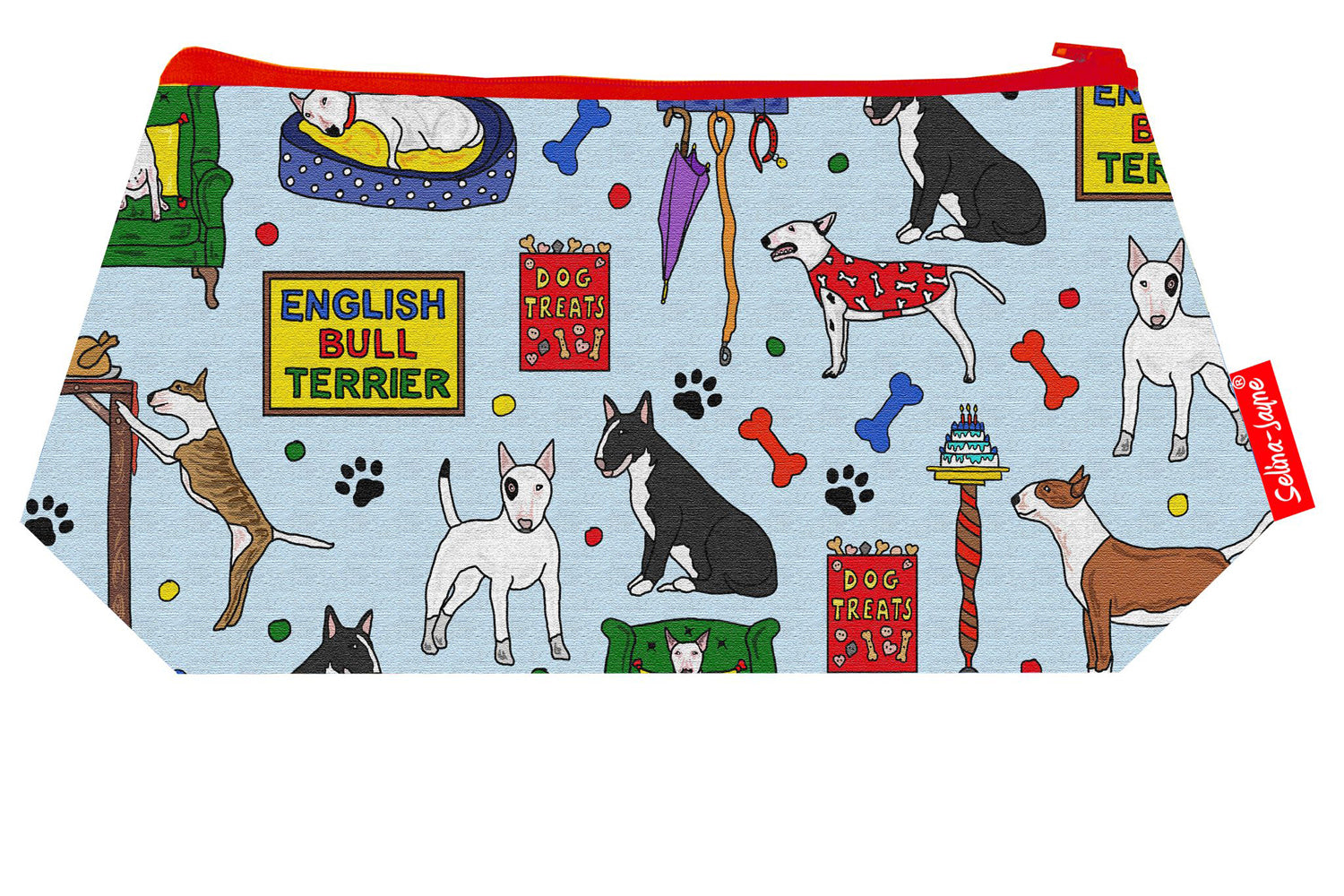 Premium English Bull Terrier makeup bag featuring wipe-clean lining and colourfast HD print, perfect dog lover gift