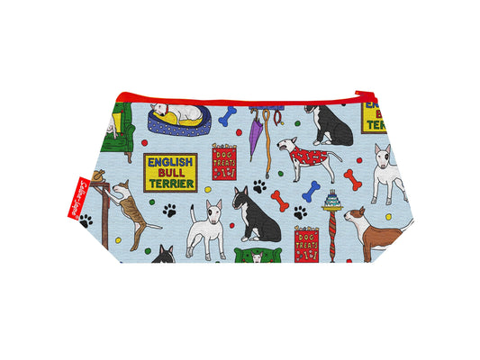 English Bull Terrier cosmetic bag with vibrant dog illustration on durable polyester fabric with colour-coordinated zipper