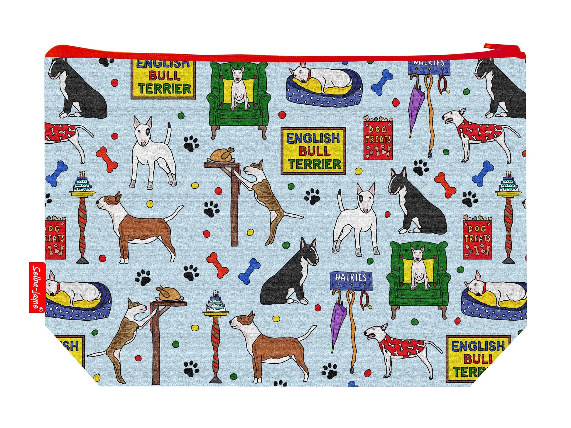 English Bull Terrier toiletry bag with dog breed design showing washable lining and zip detail
