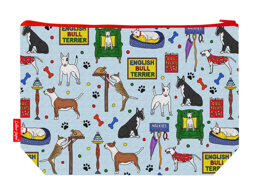 English Bull Terrier toiletry bag with dog breed design showing washable lining and zip detail