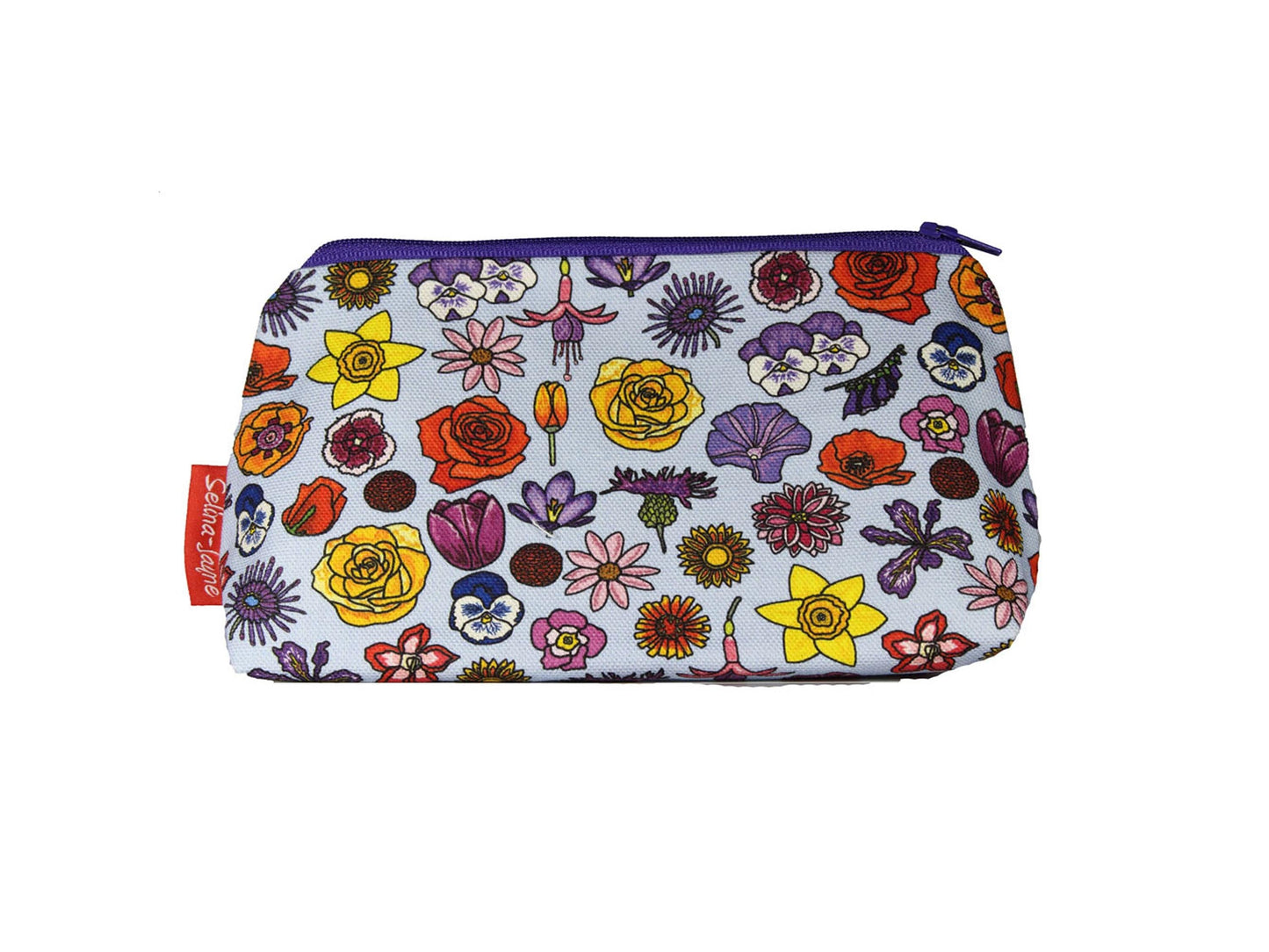 English Flowers cosmetic bag with vibrant botanical illustration on durable polyester fabric with colour-coordinated zipper