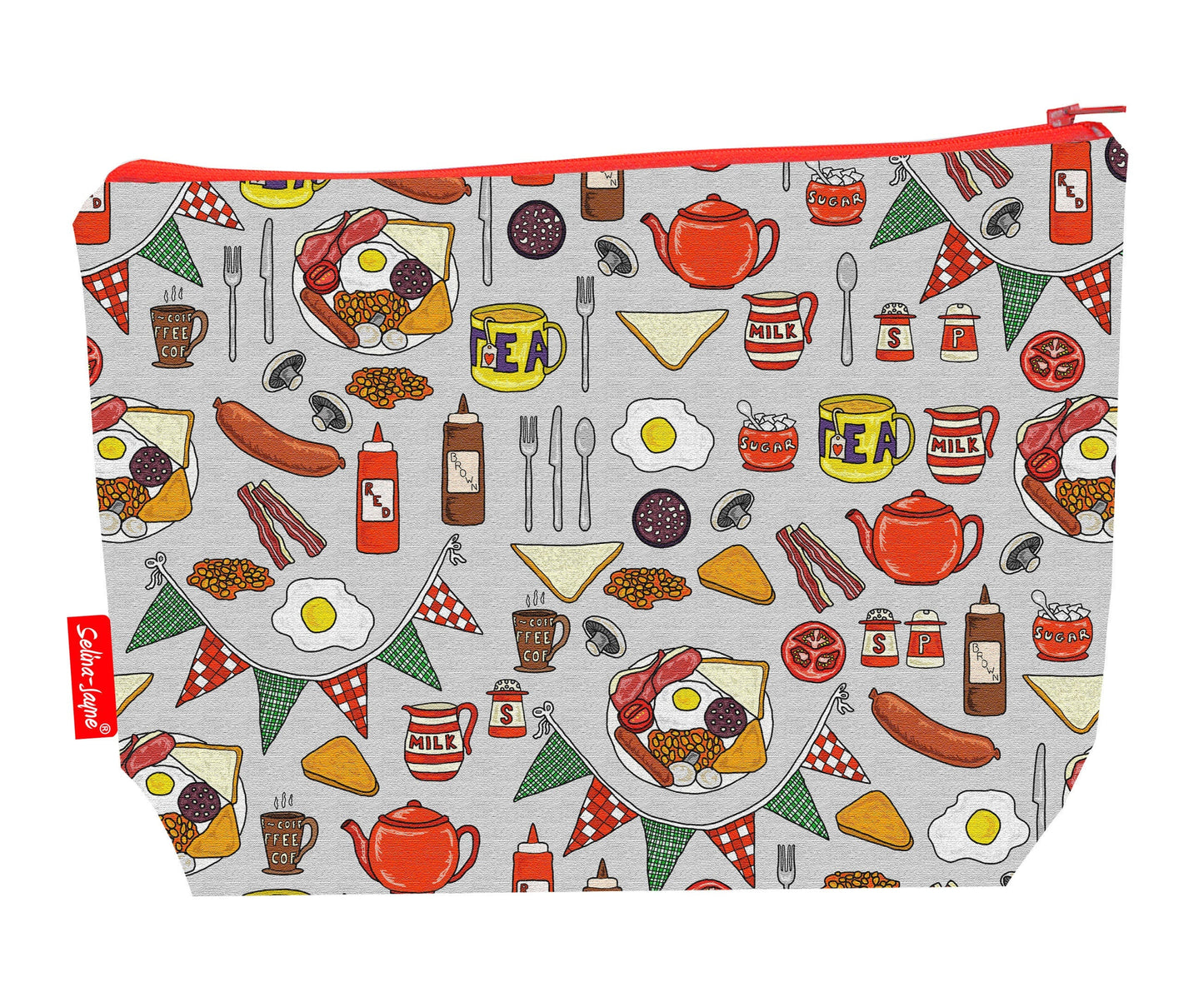 English breakfast toiletry bag with British food design showing washable lining and zip detail