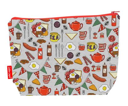 English breakfast toiletry bag with British food design showing washable lining and zip detail