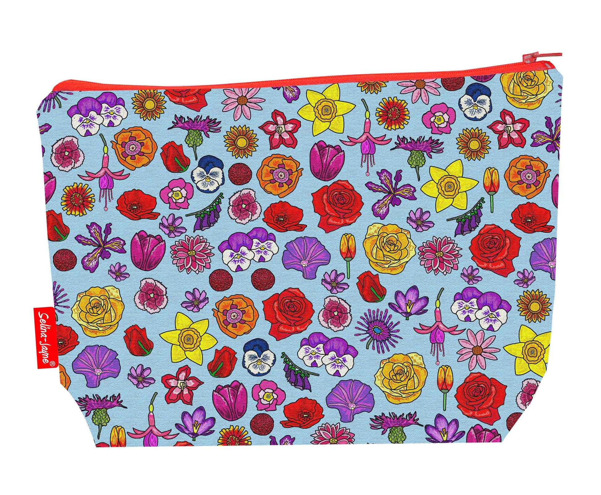 English flowers toiletry bag with floral design showing washable lining and zip detail