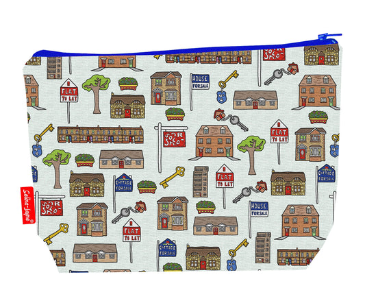 Estate agent toiletry bag with property design showing washable lining and zip detail