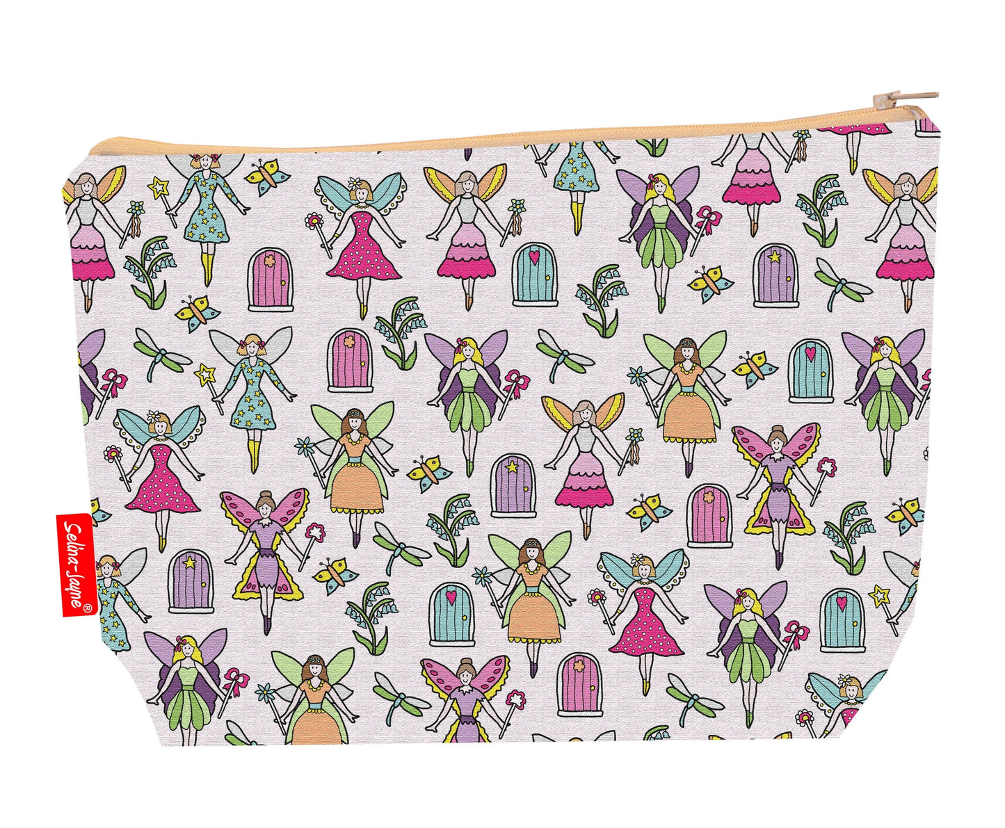 Fairies toiletry bag with magical design showing washable lining and zip detail