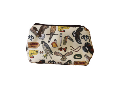 Falconry cosmetic bag with bird of prey illustration on durable polyester fabric with colour-coordinated zipper