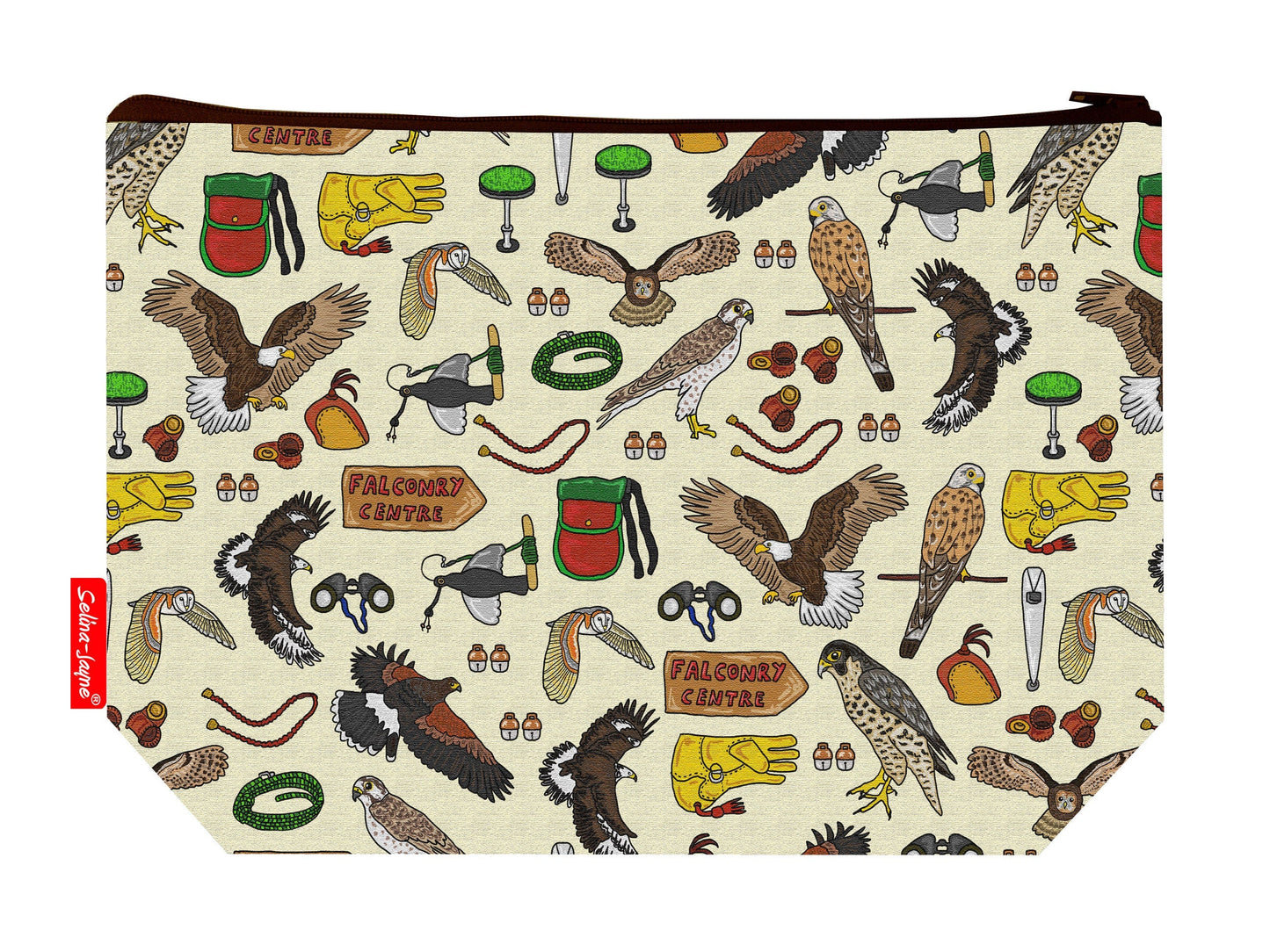 Falconry toiletry bag with birds of prey design showing washable lining and zip detail