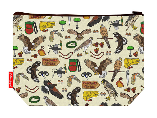 Falconry toiletry bag with birds of prey design showing washable lining and zip detail