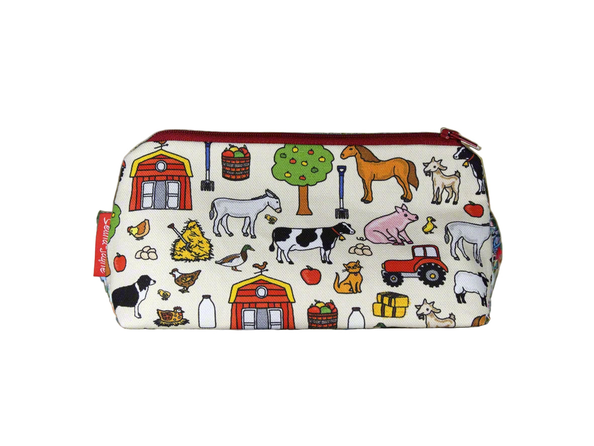 Farmer cosmetic bag with agricultural-themed illustration on durable polyester fabric with colour-coordinated zippe