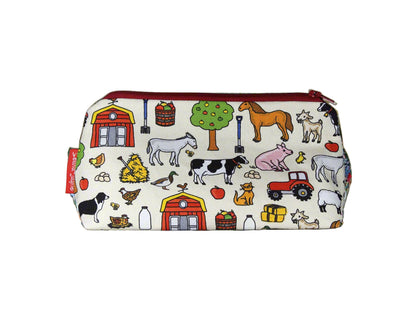 Farmer cosmetic bag with agricultural-themed illustration on durable polyester fabric with colour-coordinated zippe