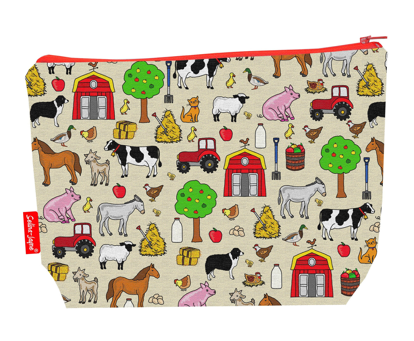 Farmer toiletry bag with agricultural design showing washable lining and zip detail