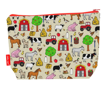 Farmer toiletry bag with agricultural design showing washable lining and zip detail