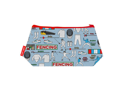 Fencing cosmetic bag with sport-themed illustration on durable polyester fabric with colour-coordinated zipper