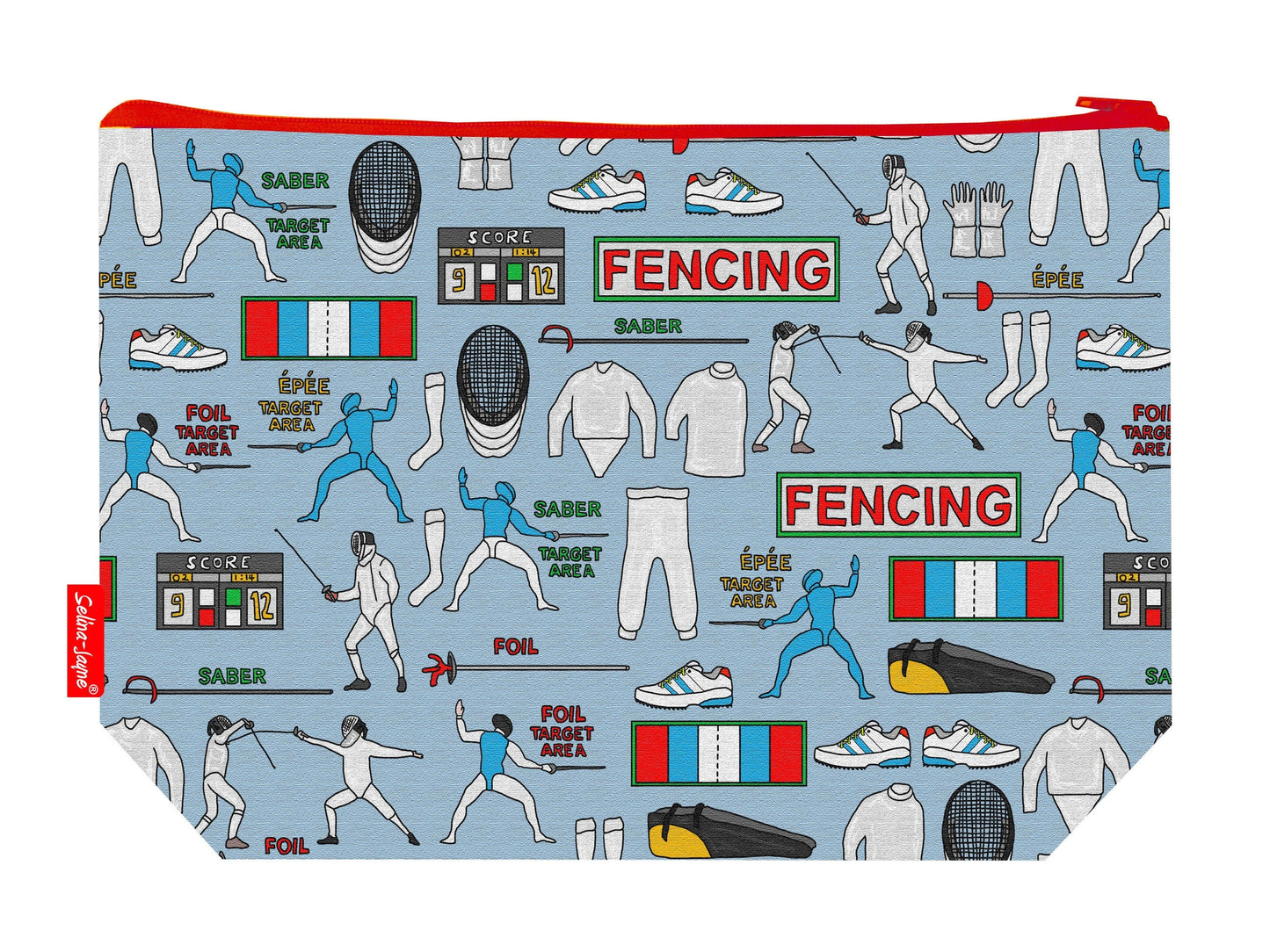 Fencing toiletry bag with sword sport design showing washable lining and zip detail