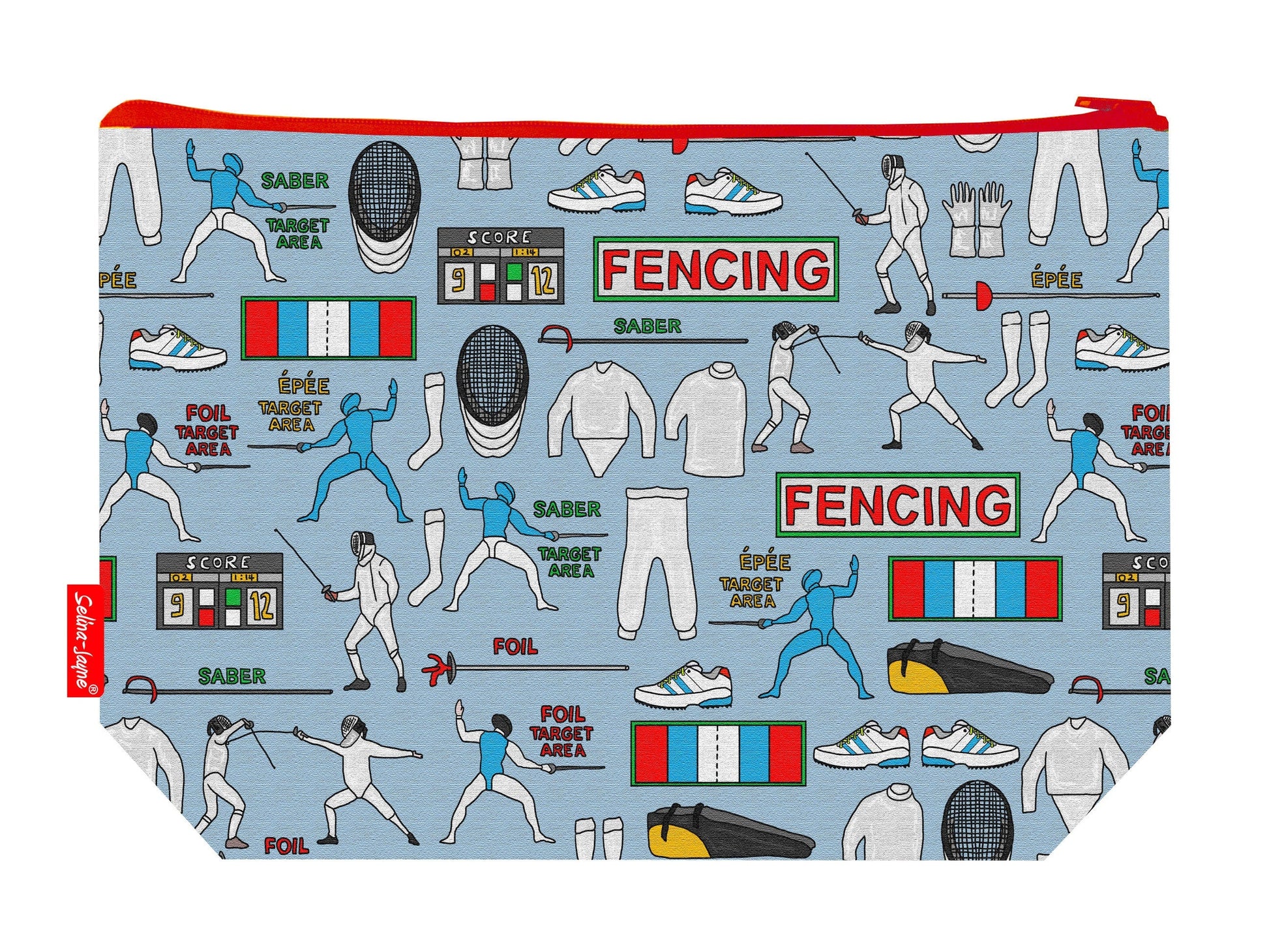 Fencing toiletry bag with sword sport design showing washable lining and zip detail