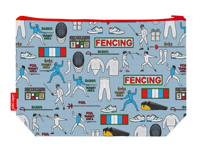 Fencing toiletry bag with sword sport design showing washable lining and zip detail