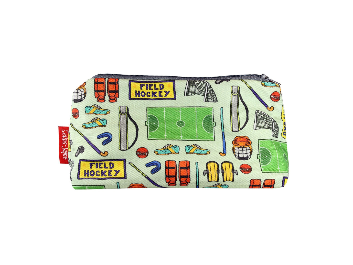 Field Hockey cosmetic bag with sport-themed illustration on durable polyester fabric with colour-coordinated zipper