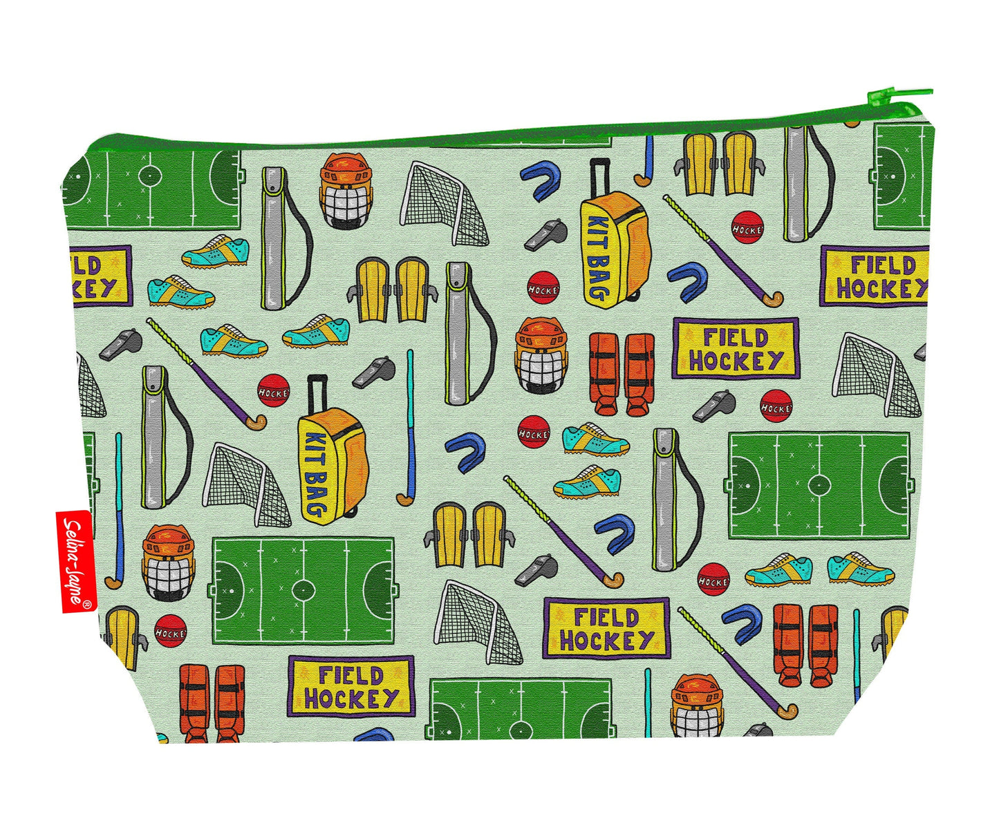 Field hockey toiletry bag with sports design showing washable lining and zip detail