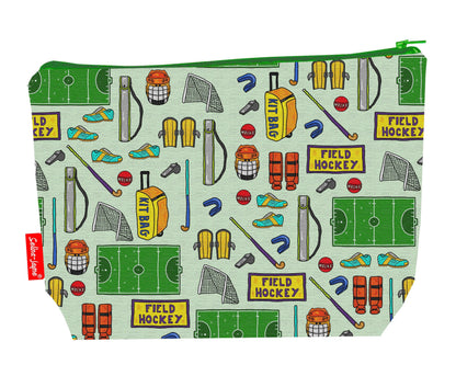 Field hockey toiletry bag with sports design showing washable lining and zip detail