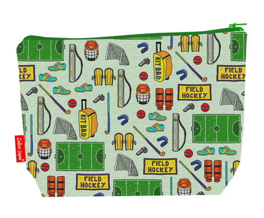 Field hockey toiletry bag with sports design showing washable lining and zip detail