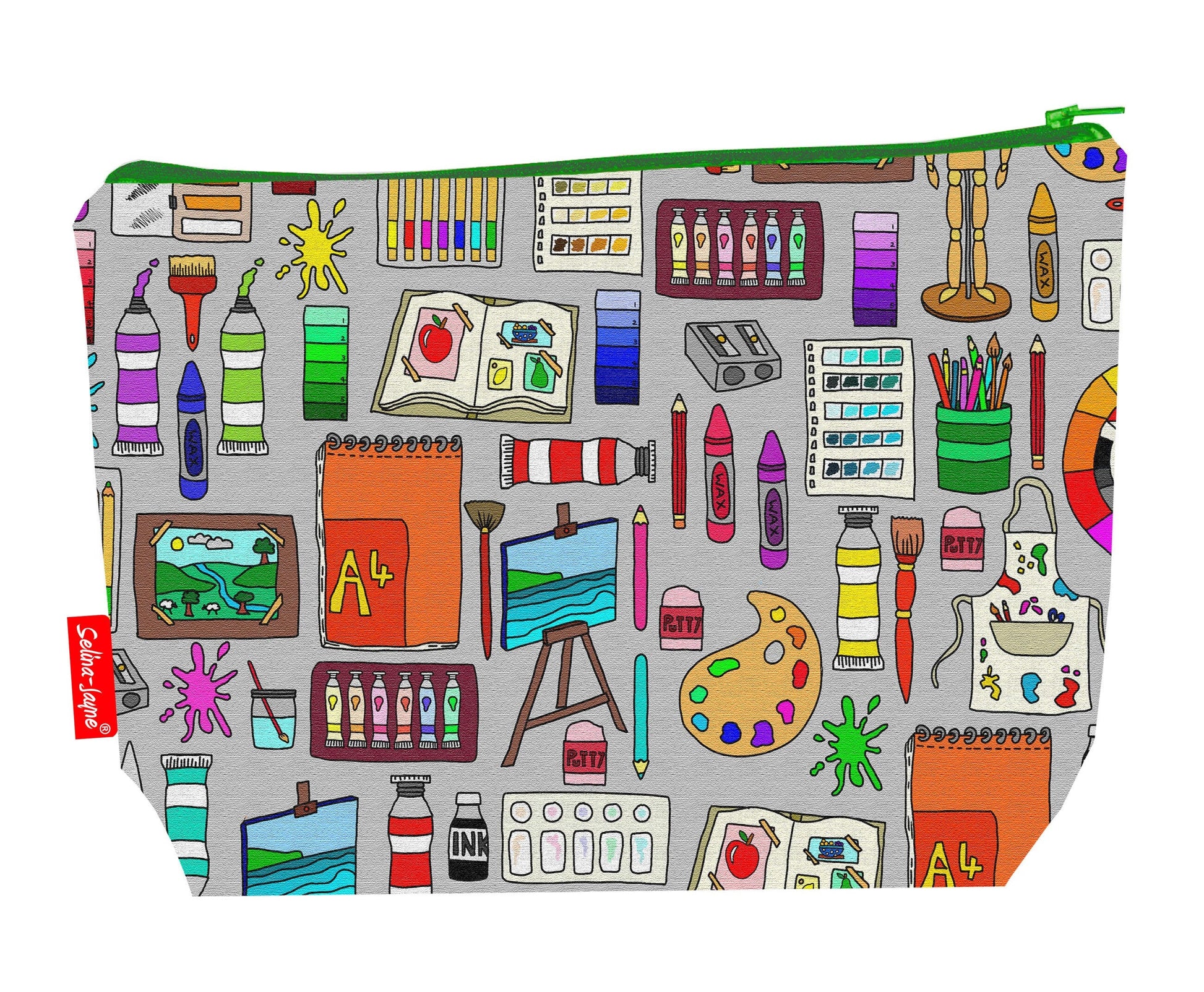 Fine art toiletry bag with artistic design showing washable lining and zip detail