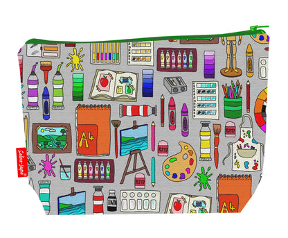 Fine art toiletry bag with artistic design showing washable lining and zip detail