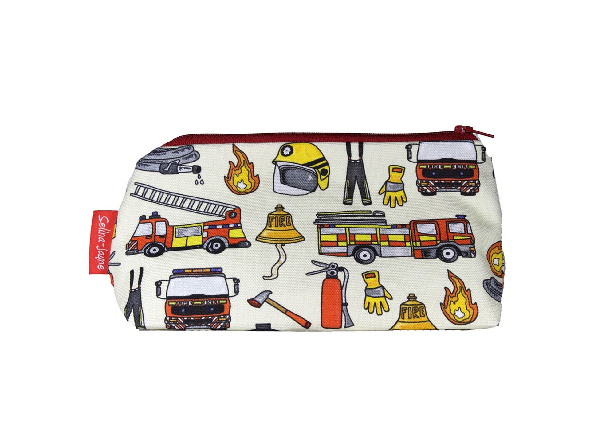 Firemen cosmetic bag with firefighter-themed illustration on durable polyester fabric with colour-coordinated zipper