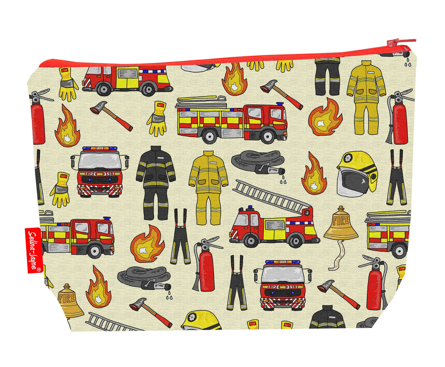 Firemen toiletry bag with firefighter design showing washable lining and zip detail
