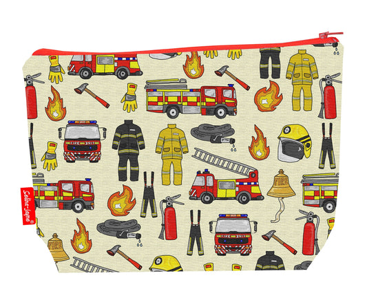 Firemen toiletry bag with firefighter design showing washable lining and zip detail