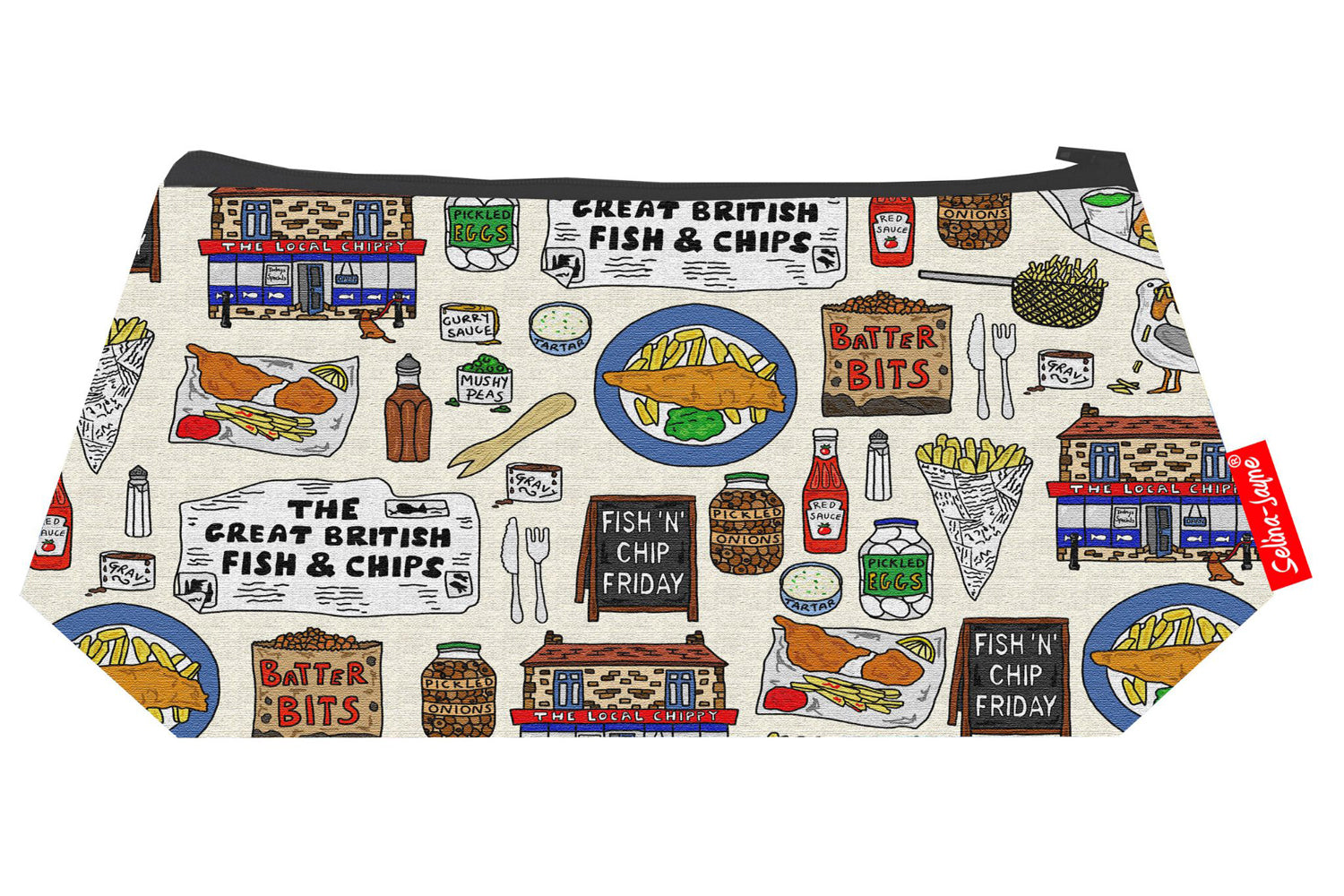 Premium Fish and Chips makeup bag featuring wipe-clean lining and colourfast HD print, perfect British gift