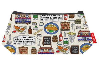 Premium Fish and Chips makeup bag featuring wipe-clean lining and colourfast HD print, perfect British gift