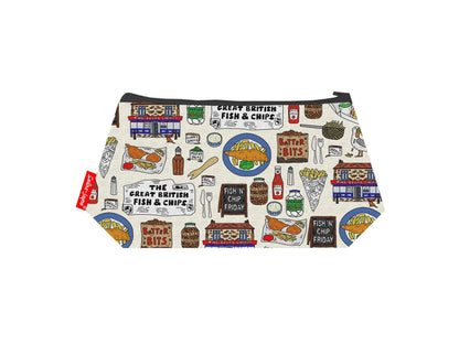 Fish and Chips cosmetic bag with British food illustration on durable polyester fabric with colour-coordinated zipper